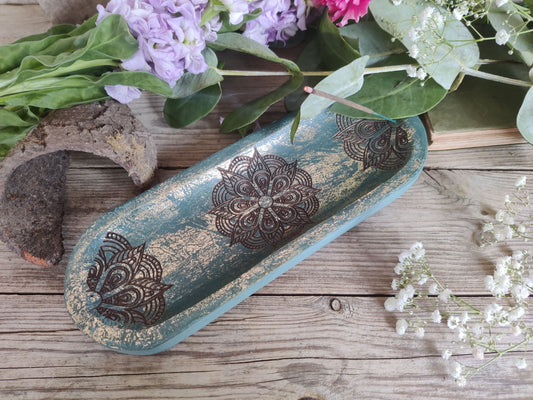 Mandala Räucherstäbchenhalter mit Türkis-Goldverzierung