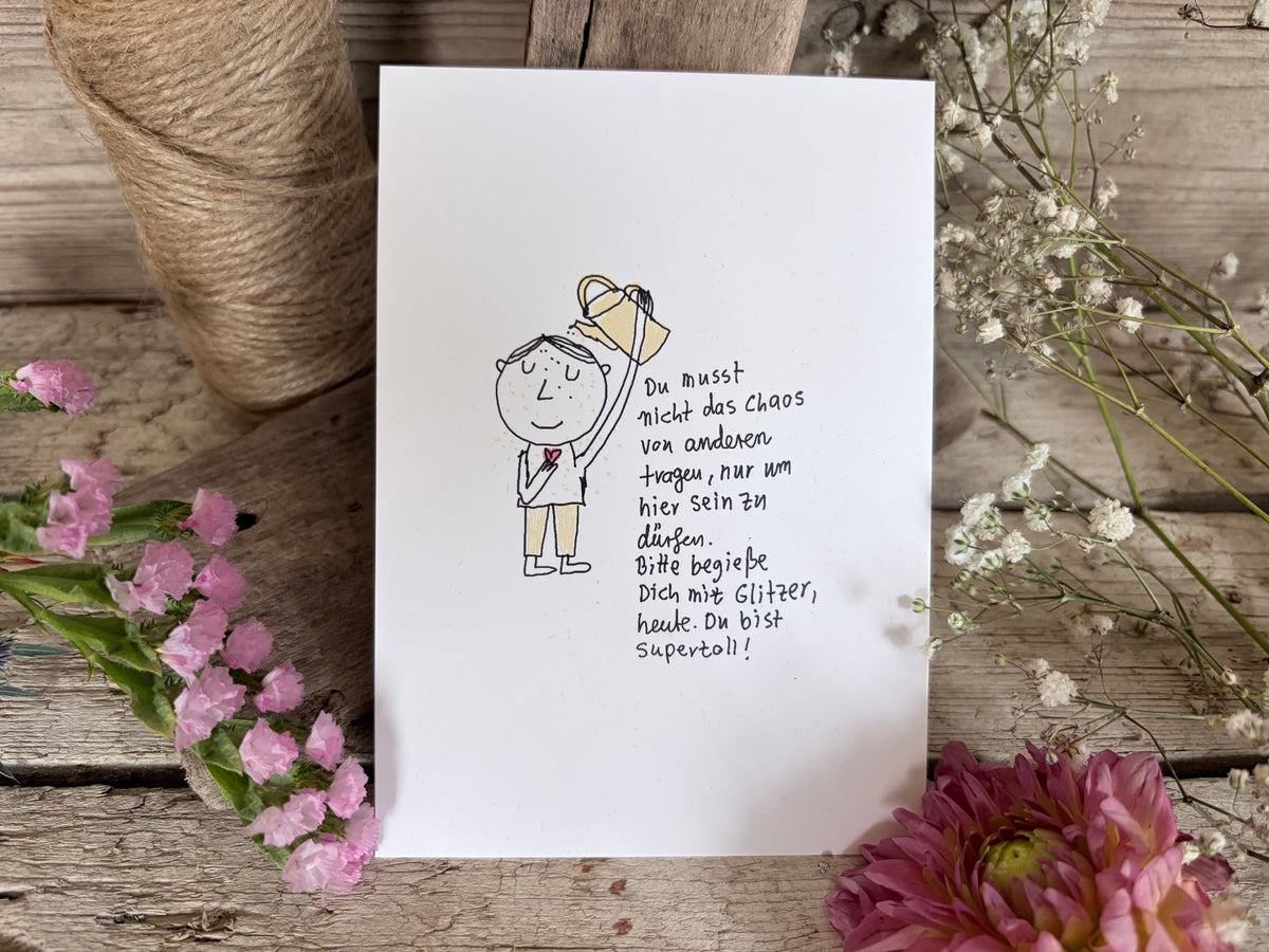 Postkarte „Begieß dich mit Glitzer“ – von karindrawings