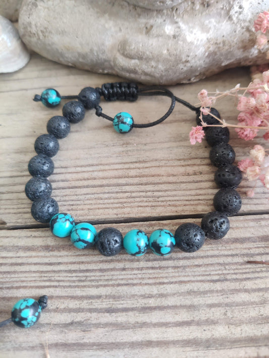 CalmStone – Lavastein-Armband mit türkisfarbenen Perlen & verstellbarer Länge