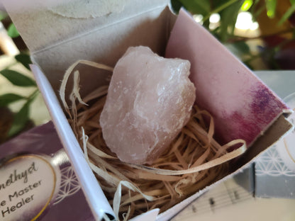 Heilsteine in kleiner Box - Amethyst, Bergkristall, Rosenquarz und Aquamarin